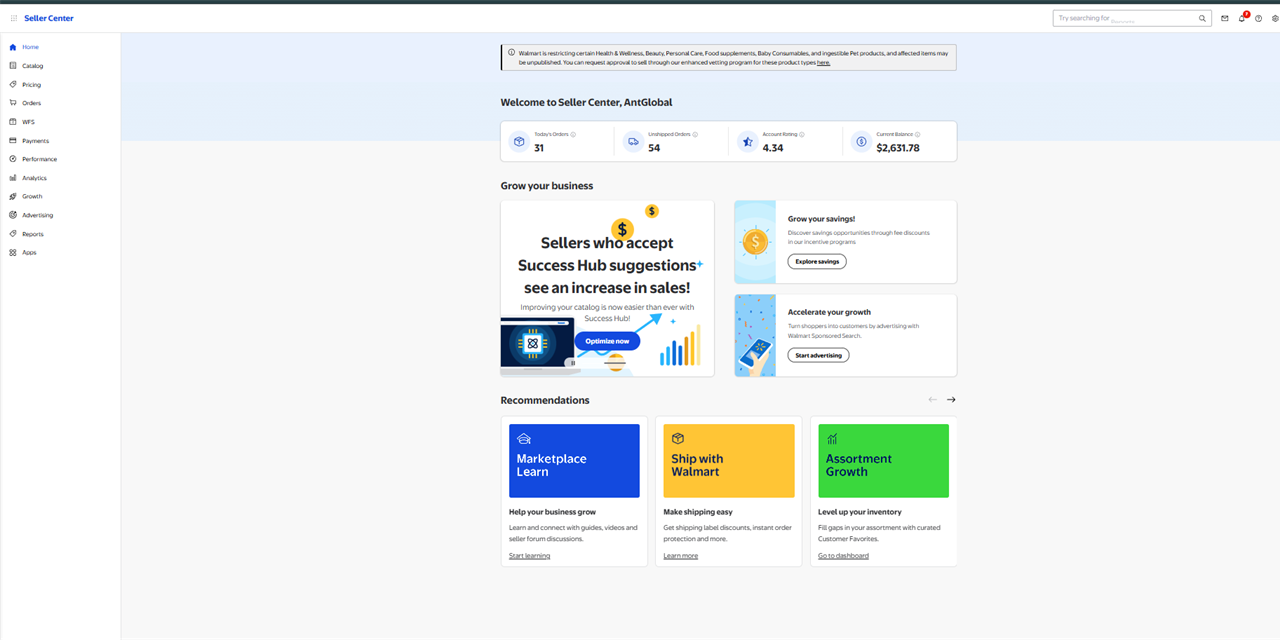 Live Walmart Seller Center dashboard — 31 orders today, 4.34 account rating